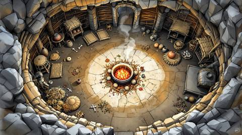 Fire crackling and flickering in the central brazier